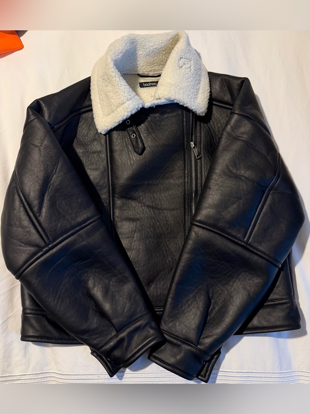 Boohoo Black Faux Leather Bomber Jacket with Cream Sherpa Lining